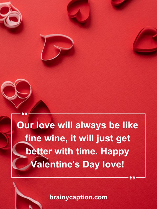 Happy Valentine’s Day Wishes For Friends- Our love will always be like fine wine, it will just get better with time. Happy Valentine's Day love!